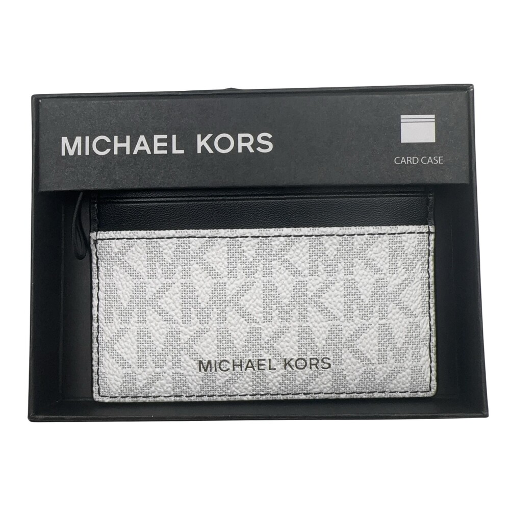 Michael Kors Card Case Wallet Mens Bright White Black Leather Logo Mason MK